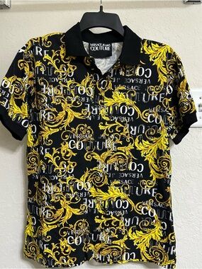 Versace Jeans Collection Black & Yellow Baroque Print Polo
